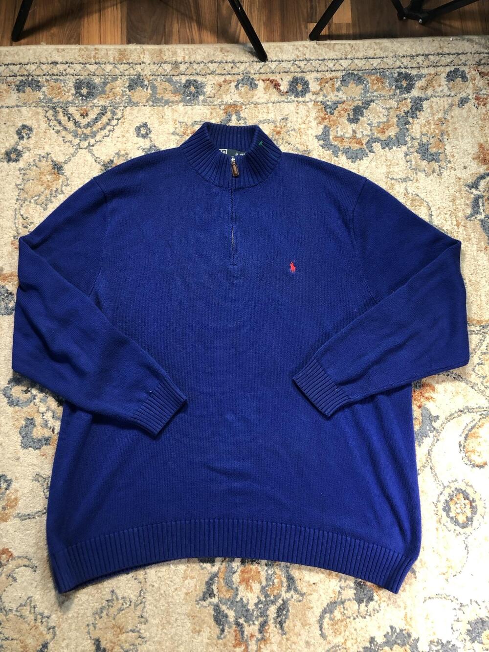 Polo By Ralph Lauren Sweater Mens 3XLT Blue Cotton 1/4 Zip Mock Neck Knit